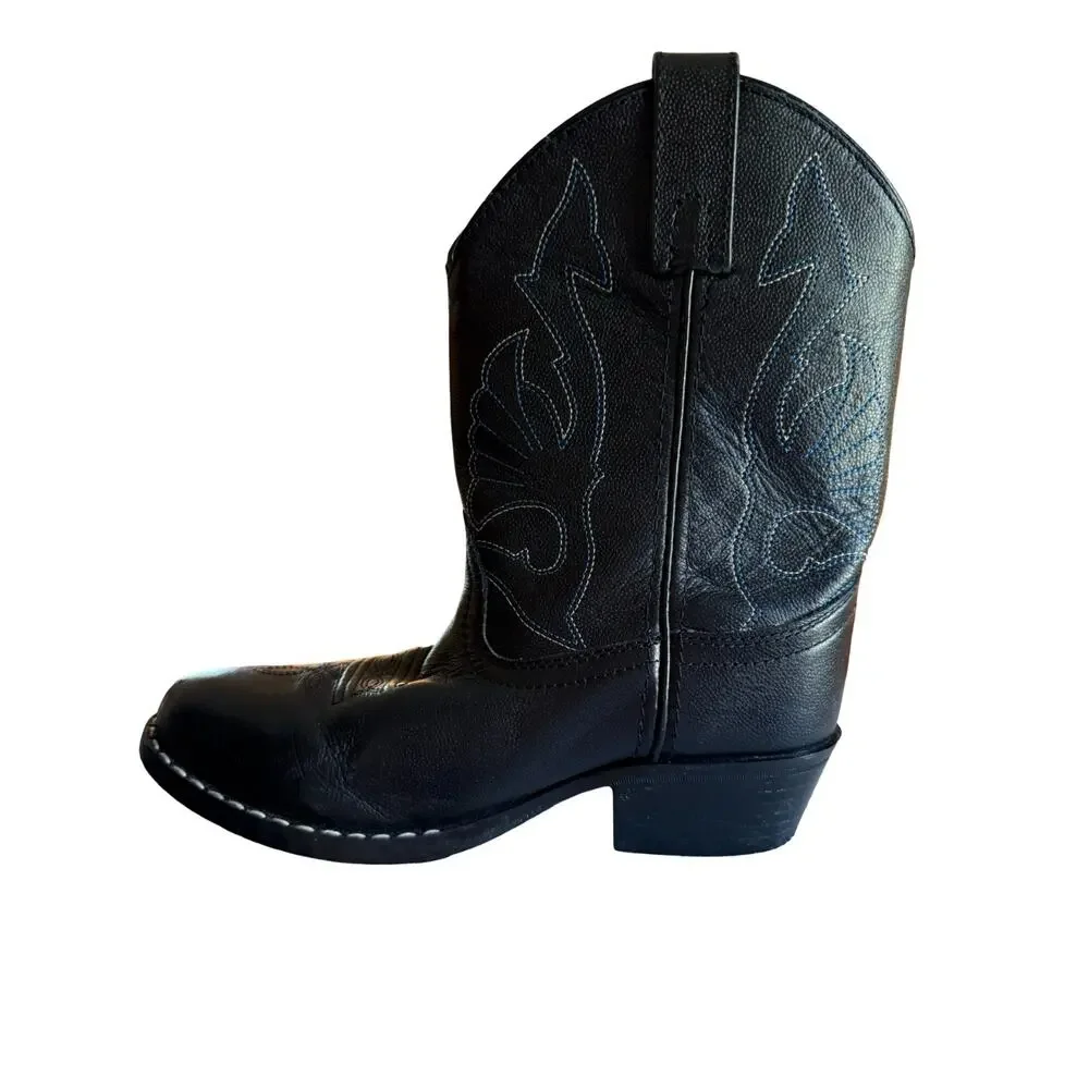 Masterson Cowboy Boots Size 2.5 Youth Black Leather Western Embroidery Pull Tabs